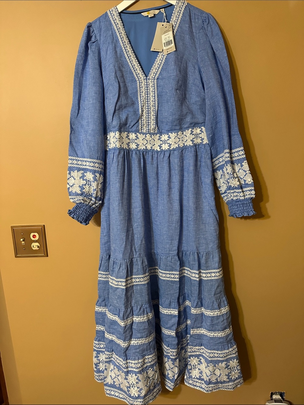 Boden Blue Linen Embroidered V-Neck Midi Dress - Picture 6 of 10